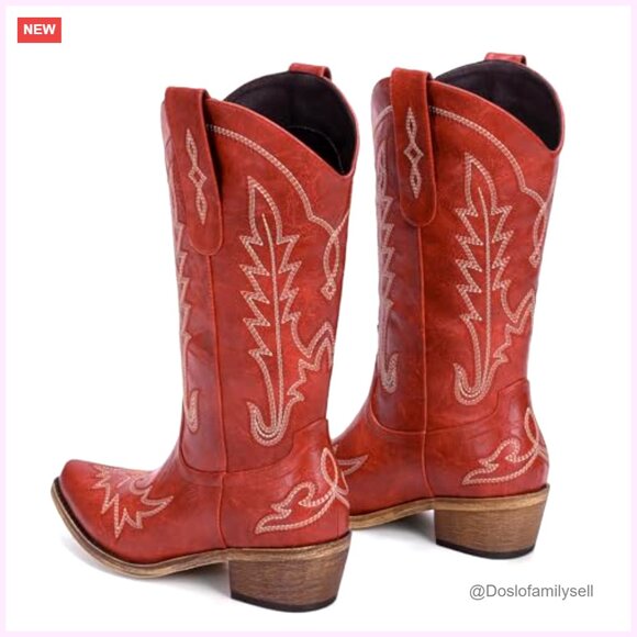 Vintage Western Cowgirl Boots, Chunky Heel, Embroidery, Pull-On, Mid-Calf - Picture 4 of 6